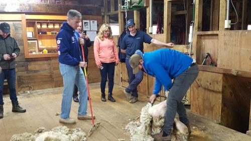 American Ambassador Scott Brown's turn on the broom while James gives the handpiece a whirl