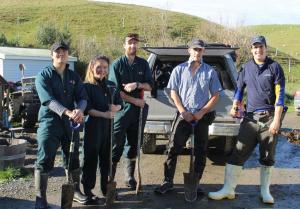 Massey University Vet Students Jonathan, Audrey and Nick, with Lucien and Kurt, ready for an afternoon of planting on Haunui